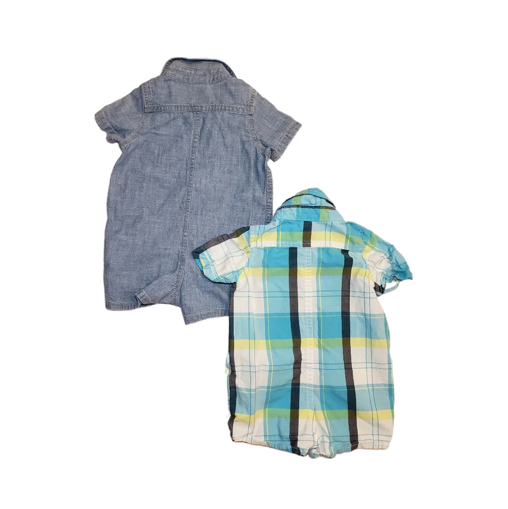 Gap Baby 0-3m chambray and blue plaid button down shirt shortalls romper set